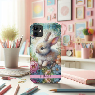 Capa Para iPhone 11 Coelho Artístico em Aquarela e Fantasia de Flores