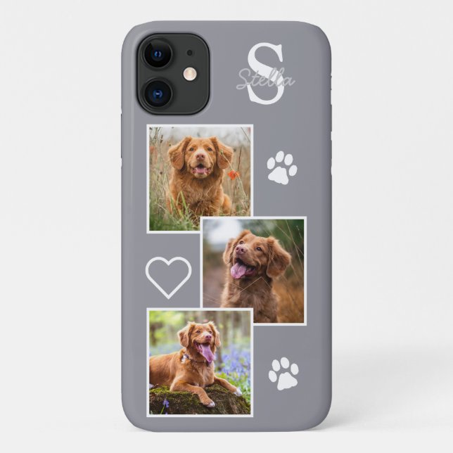 Capa Para iPhone 11 Colagem de Fotografias de Cães Monograma Cinza de  (Verso)