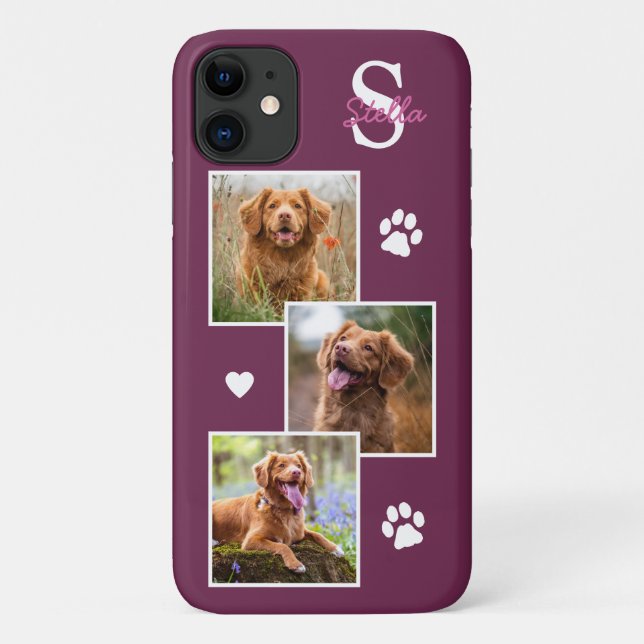 Capa Para iPhone 11 Colagem de Fotografias de Cães Monogramas Magenta  (Verso)