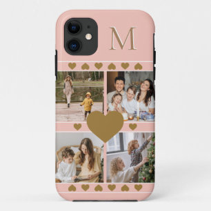 Capa Para iPhone 11 Colagem de Fotos da Família Rosa com Monograma Dou
