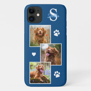 Capa Para iPhone 11 Colagem de Fotos de Cães Monograma Blue Pet