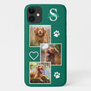 Capa Para iPhone 11 Colagem de Fotos de Cães Monograma Pet Verde