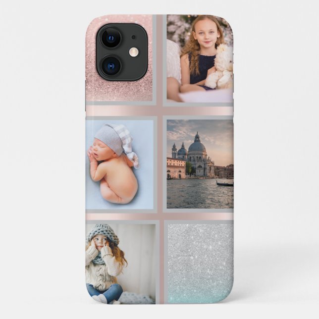 Capa Para iPhone 11 Colagem de Fotos Dourado Rosa (Verso)