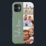 Capa Para iPhone 11 Colagem de fotos moderna sage monograma inicial ve<br><div class="desc">Colagem de fotos moderna,  script verde de imagem personalizado design. Um design multidesign de fotos moderno. Altere a cor para personalizar. Parte de uma coleção.</div>