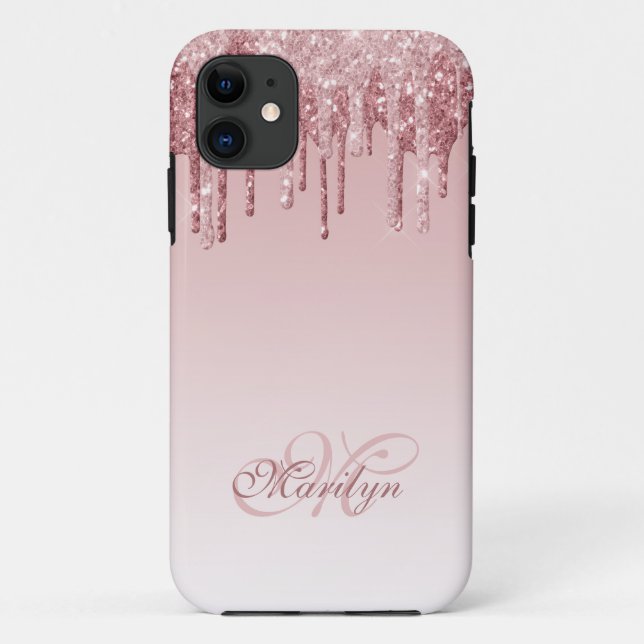Capa Para iPhone 11 Coleta de brilho rosa personalizada com monograma (Verso)