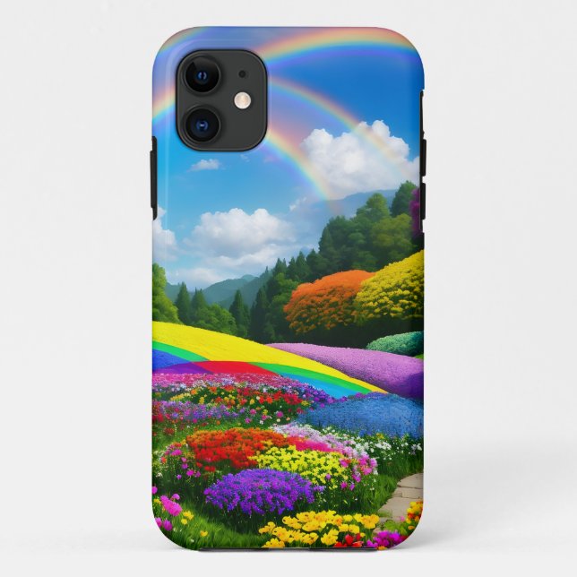 Capa Para iPhone 11 Colinas arco-íris e flores duas (Verso)
