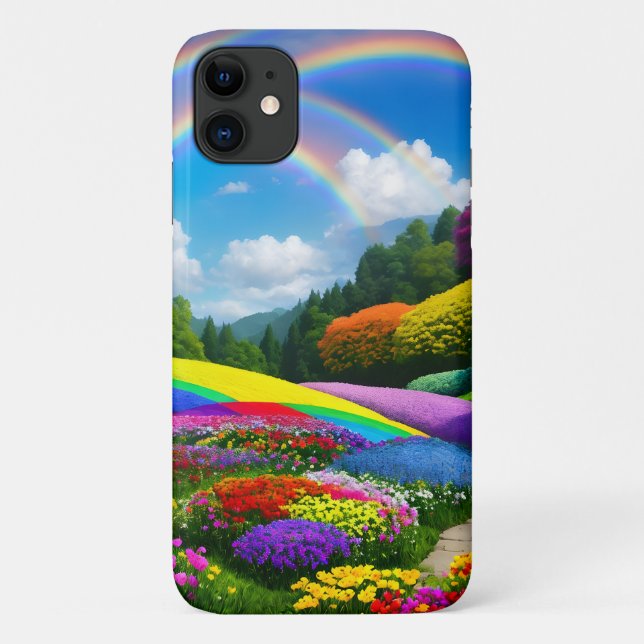 Capa Para iPhone 11 Colinas arco-íris e flores duas (Verso)