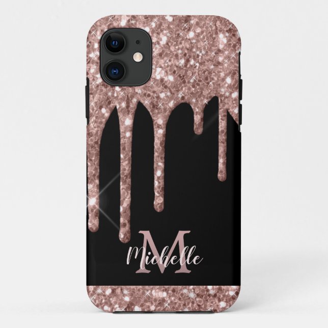 Capa Para iPhone 11 Colírio Dourado com Rosa monograma em preto (Verso)