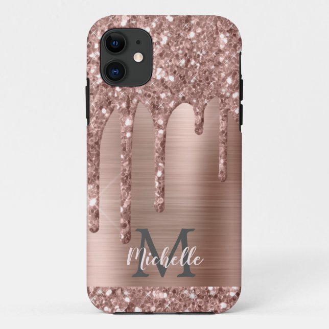 Capa Para iPhone 11 Colírio Dourado de Rosa monograma em metal cor-de- (Verso)