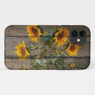 Capa Para iPhone 11 Conselho Rústico Girassóis Borboletas