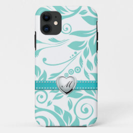 Capa Para iPhone 11 Cor damasco azul e branca do Aqua com monograma