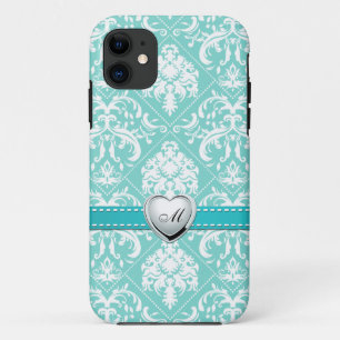 Capa Para iPhone 11 Cor damasco azul e branca do Aqua com monograma