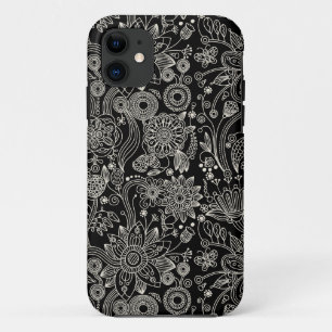 Capa Para iPhone 11 Cor damasco floral preta & branca