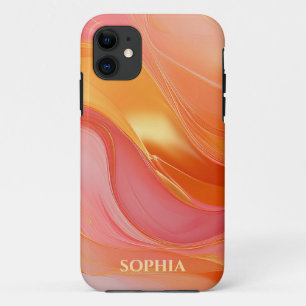 Capa Para iPhone 11 Cor-de-rosa-laranja moderno e Dourado-