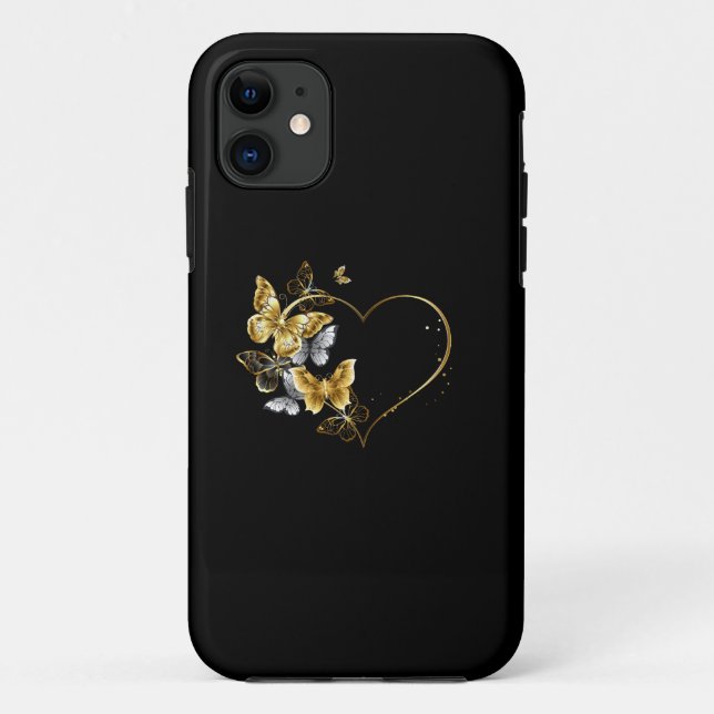 Capa Para iPhone 11 Coração com Borboletas Ouros (Verso)