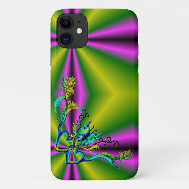 Capa Para iPhone 11 Coração com Flor e Borboleta (Verso)