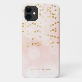 Capa Para iPhone 11 Coração de Folha de Ouro, Confetti, Bokeh Rosa Per