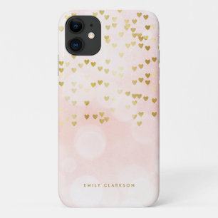 Capa Para iPhone 11 Coração de Folha de Ouro, Confetti, Bokeh Rosa Per
