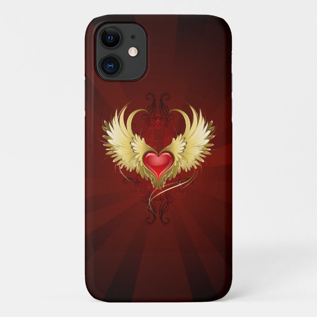 Capa Para iPhone 11 Coração Vermelho com Asas Ouros (Verso)