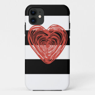 Capa Para iPhone 11 Coração vermelho com listras preto e branco