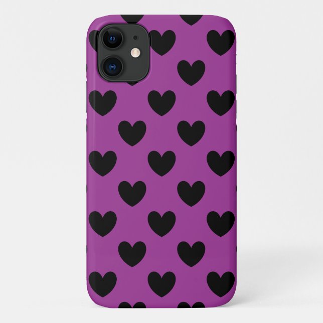 Capa Para iPhone 11 Corações de polca preta em roxo (Verso)