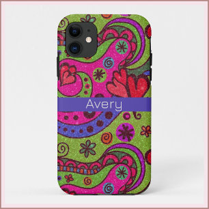 Capa Para iPhone 11 Corações e Flores Retrovibrantes Coloridos