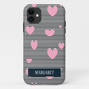 Capa Para iPhone 11 Corações e listras rosa personalizados