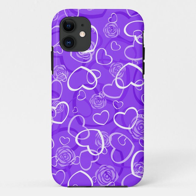 Capa Para iPhone 11 Corações e Rosas Roxas (Verso)