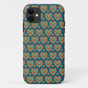 Capa Para iPhone 11 Corações Românticos Folksy Vermelho e Verde em Tea