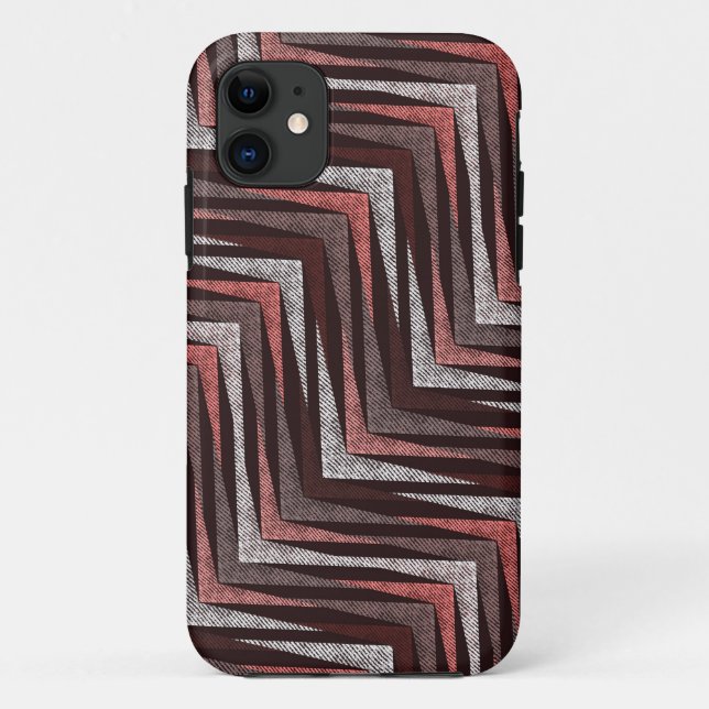 Capa Para iPhone 11 Coral, cinza, padrão de ziguezague castanho. (Verso)