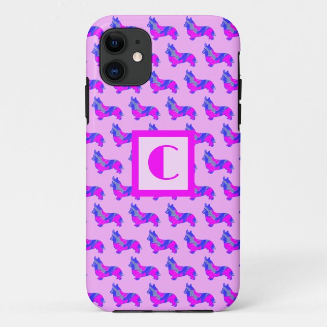 Capa Para iPhone 11 Corgi Welsh Cute Dog Silhouette Rosa Monograma (Verso)