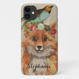 Capa Para iPhone 11 Coroa Floral de Raposa em Aquarela Nome Personaliz