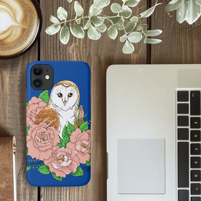 Capa Para iPhone 11 Coruja-Celeiro Azul Flores Rosa (Criador carregado)