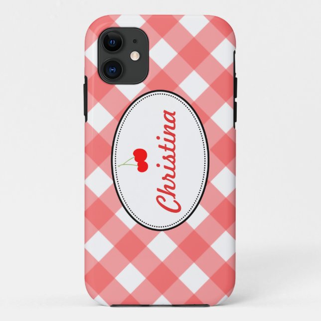 Capa Para iPhone 11 Costume de cerejeira doce padrão de gingham de Red (Verso)