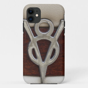 Capa Para iPhone 11 Couro e madeira do emblema do cromo de V8