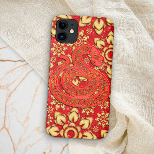 Capa Para iPhone 11 Couro Floral Vermelho Dourado 2025 Ano Novo Chinês