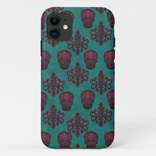 CAPA PARA iPhone 11 CRÂNIO DAMASCO ROSA QUENTE SOBRE TURQUESA