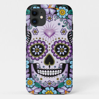 Capa Para iPhone 11 Crânio de Açúcar Roxo com Flores