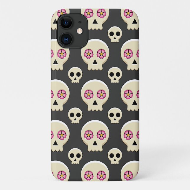Capa Para iPhone 11 Crânio Gótico Fofo Kawaii com Flores Padrão (Verso)