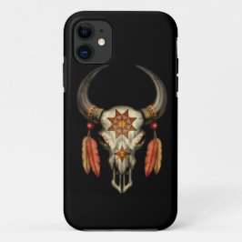 Capa Para iPhone 11 Crânio nativo decorado de Bull com as penas no