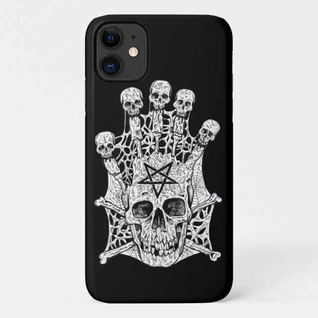 Capa Para iPhone 11 Crânios de desenho de tinta branca e preta (Verso)