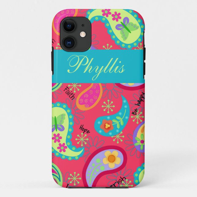 Capa Para iPhone 11 Crimson Red Turquoise Modern Paisley Pattern (Verso)