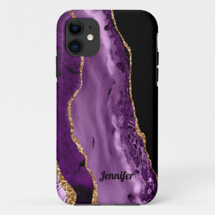 Capa Para iPhone 11 Cristal de Ágata Dourada Roxa Moderna Personalizad