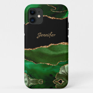 Capa Para iPhone 11 Cristal de Ágata Dourada Verde Moderno Personaliza