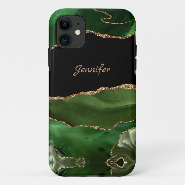 Capa Para iPhone 11 Cristal de Ágata Dourada Verde Moderno Personaliza (Verso)