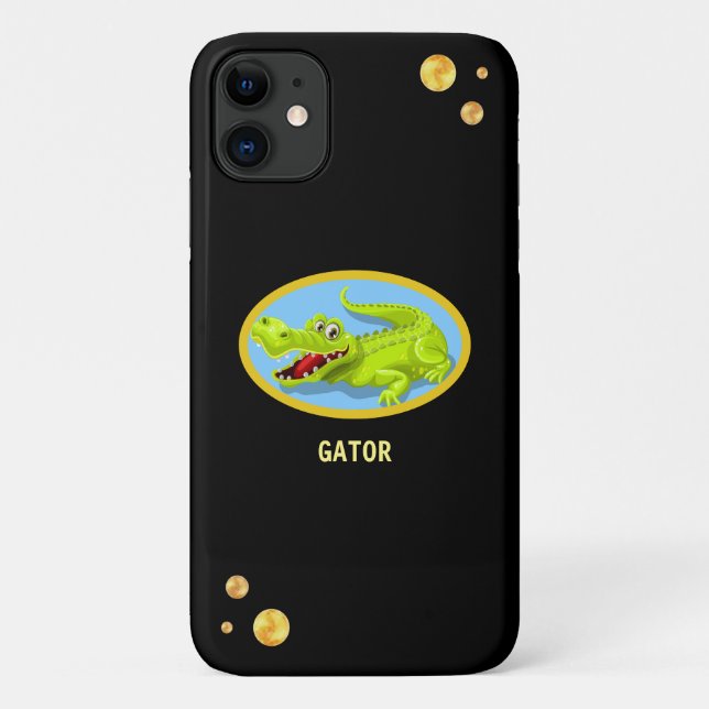 Capa Para iPhone 11 Crocodilo feliz & confete dourado em preto (Verso)