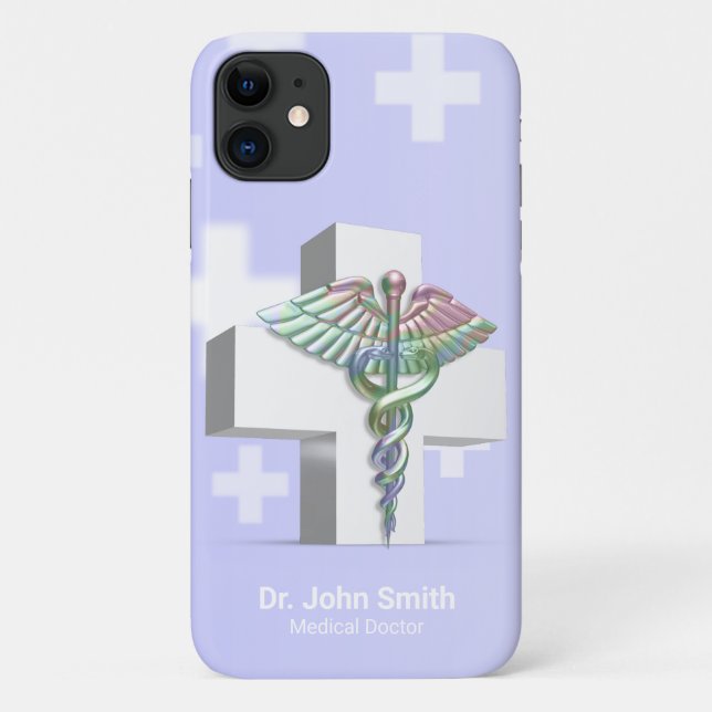 Capa Para iPhone 11 Cruz Branca Holográfica Médica 3D Caduceus (Verso)