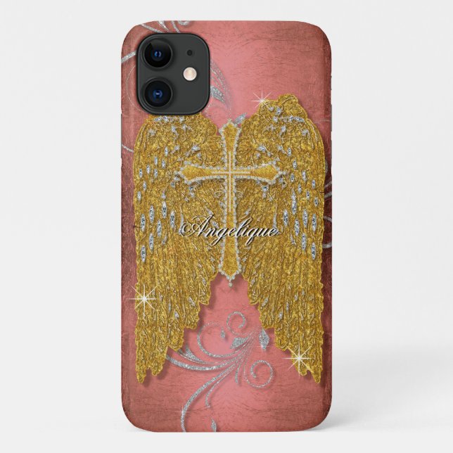 Capa Para iPhone 11 Cruz com a Dourada Glitter Diamond Jewel Angel Win (Verso)