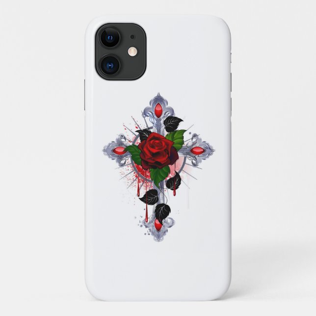 Capa Para iPhone 11 Cruz de Prata com Rosa vermelha (Verso)