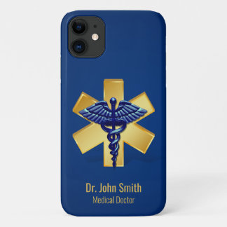 Capa Para iPhone 11 Cruz Dourada de Caduceus 3D Médico Azul